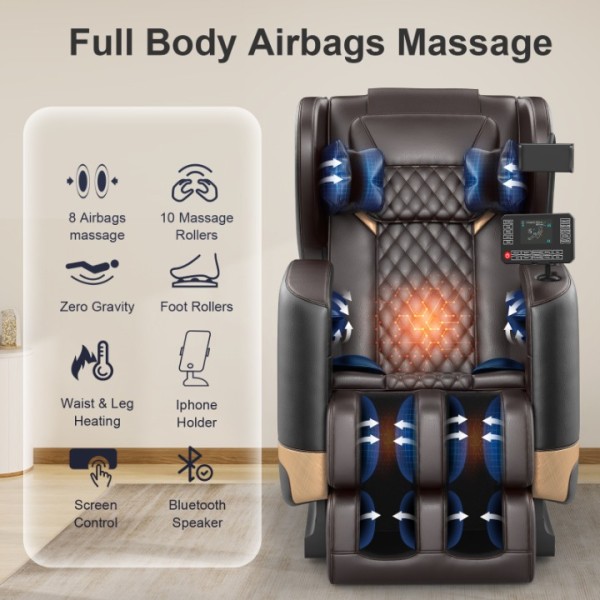2025 Massage Chair Full Body, Zero Gravity Massage Chair with 10 Fix Rollers, Heating, Foot Massage, Auto Modes, Bluetooth Speaker, Touch Screen Controller (Black&Brown)