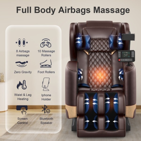 2025 Massage Chair Full Body, Zero Gravity Massage Chair with 10 Fix Rollers, Heating, Foot Massage, Auto Modes, Bluetooth Speaker, Touch Screen Controller (Brown)